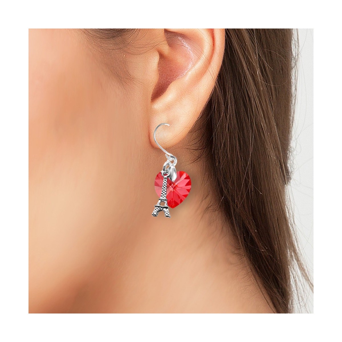 Boucles d'oreilles coeur rouge et Tour Eiffel SC Crystal orné de Cristaux scintillants - vue 2