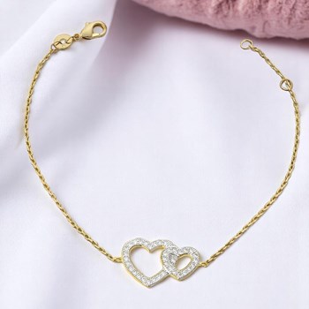 Bracelet 2 coeurs sertis d'oxyde de zirconium Plaqué OR 750 3 microns 2 tons