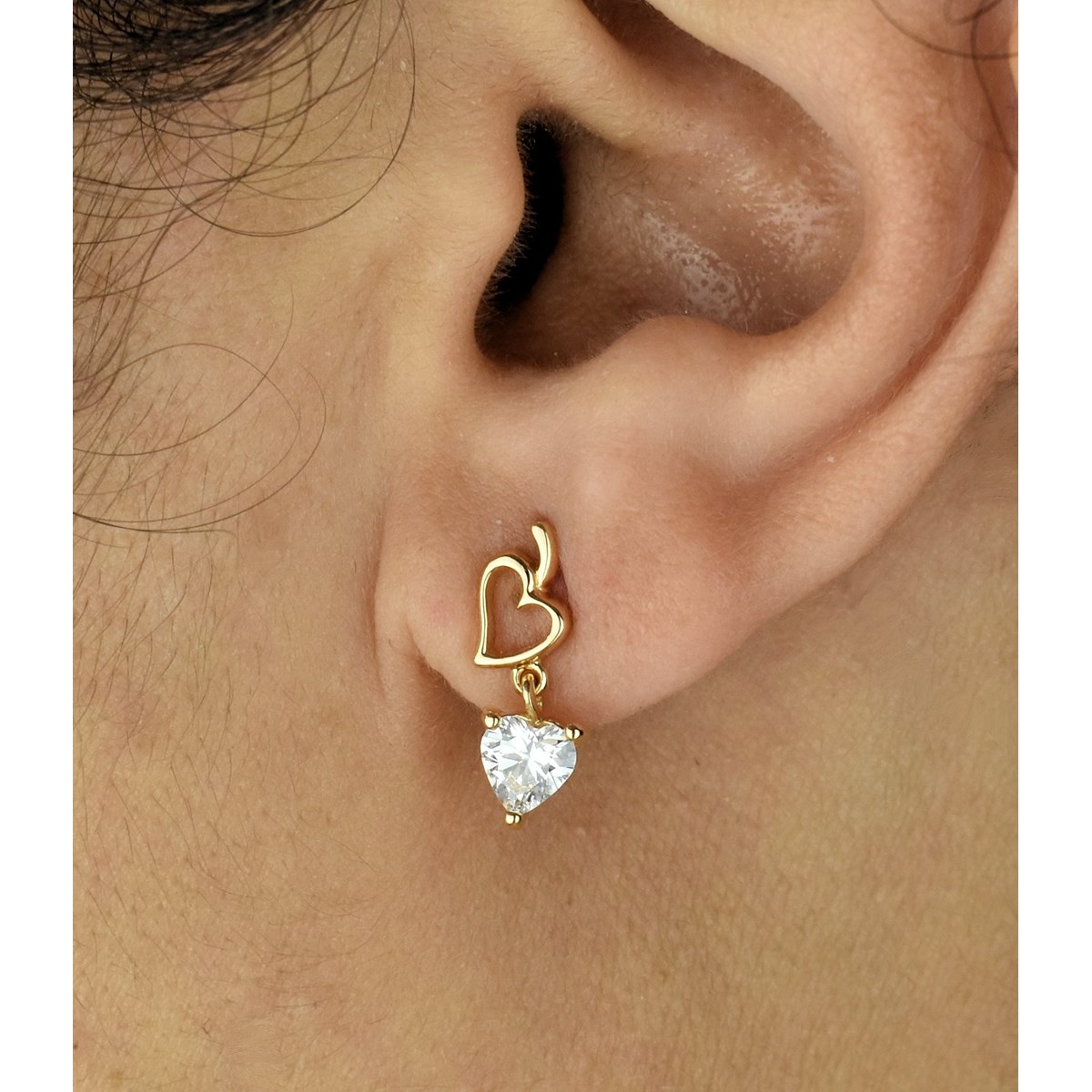Boucles d'oreilles coeur ajouré et coeur d'oxyde de zirconium pendant Plaqué OR 750 3 Microns - vue 2