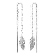 Boucles d'oreilles femme traversantes chaînes avec plume tombante Argent 925 Rhodié