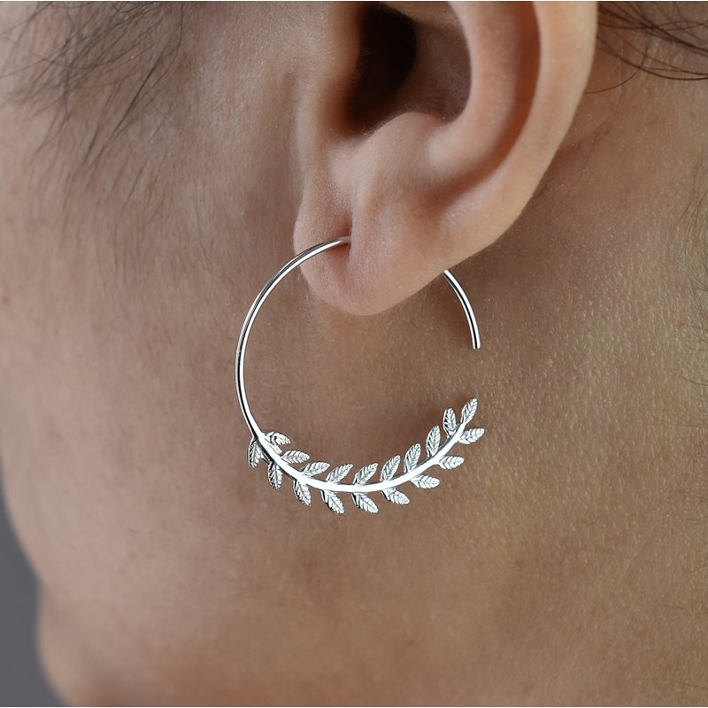 Boucles d'oreilles femme créole feuille de laurier Argent 925 Rhodié