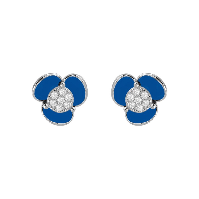 Boucles d'oreilles fleur en argent rhodié avec émail bleu et oxydes de zirconium