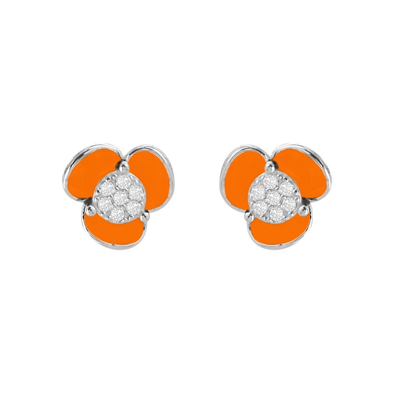 Boucles d'oreilles fleur en argent rhodié avec émail orange et oxydes de zirconium