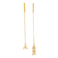 Boucles d'oreilles pendantes asymétriques  chaîne feuille de laurier doré à l 'or fin