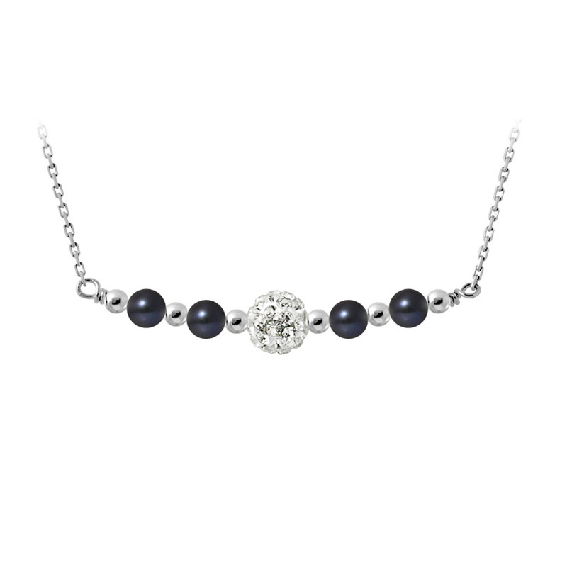 Collier Perles de culture Noires, cristal et Argent 925