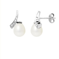 Boucles d'Oreilles Perles de Culture Blanches, Diamants et Or blanc 750/1000