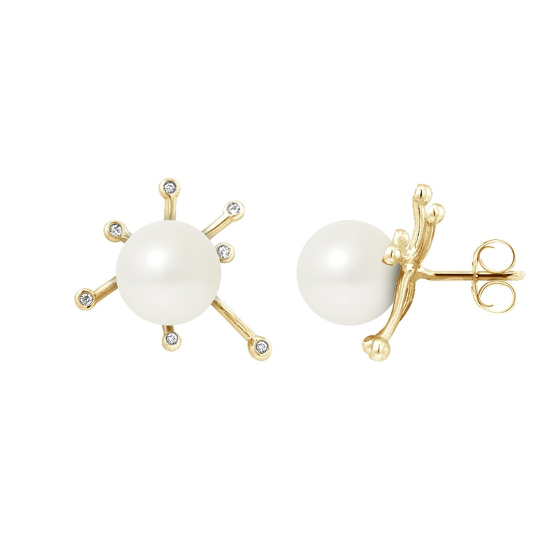 Boucles d'Oreilles Femme Perles de Culture Blanches, Diamants et Or Jaune 750/1000