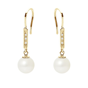 Boucles d'Oreilles Femme Pendantes Perles de Culture Blanches, Diamants et Or Jaune 750/1000