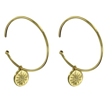 Gold-plated Half-Creole Earrings Round Sunburst Medal with Strass