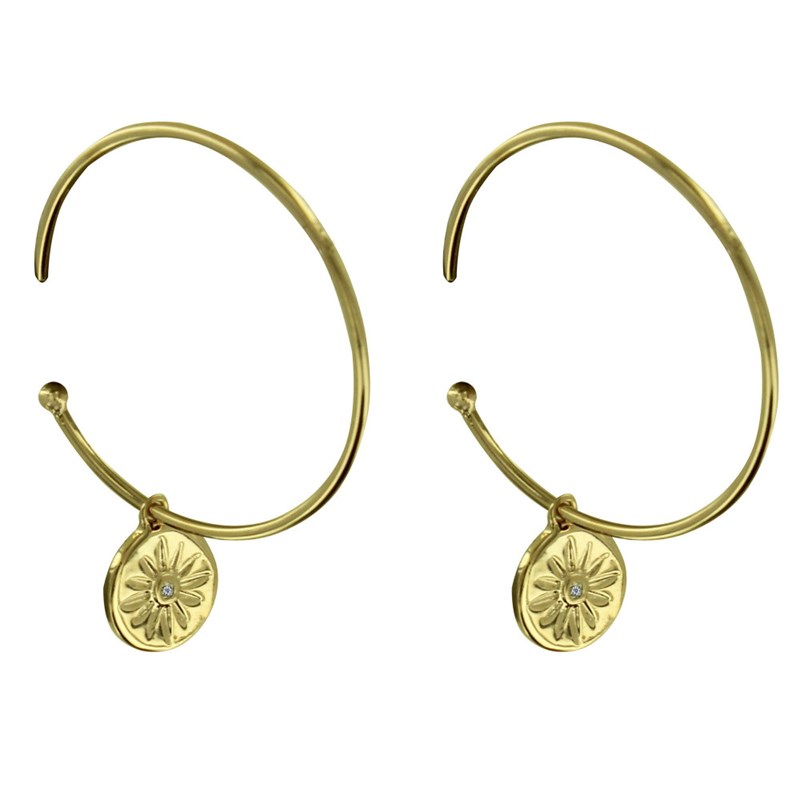 Boucles d'Oreilles Plaqué Or Demi Créoles Médaille Ronde Soleil et Strass - vue 2