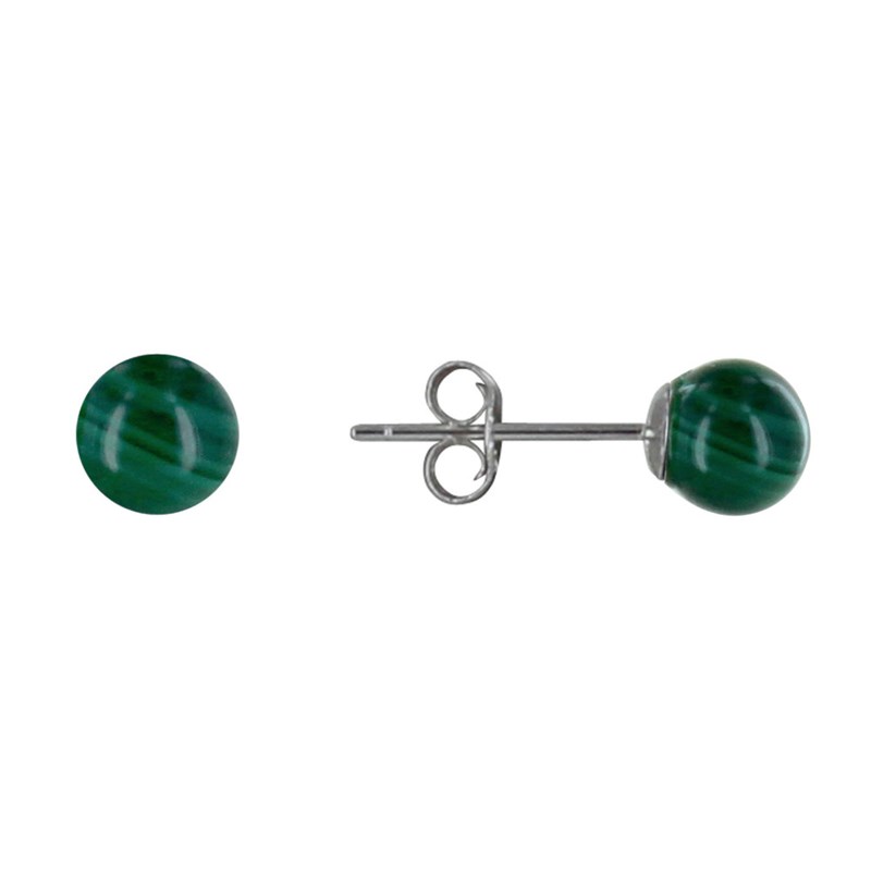 Boucles d'Oreilles Clou Argent Rhodié et Perles de Malachite 6 mm
