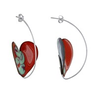 Boucles d'Oreilles Coeurs Émaillés Rouge et Un Côté à Pois Vert