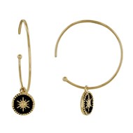 Boucles d'Oreilles Plaqué Or Demi Créoles Soleil Émail Noire