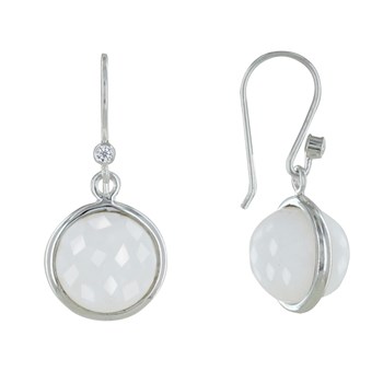 Boucles d'Oreilles Crochet Argent 925 Avec Strass Sphère d'Agate Blanche