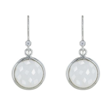 Boucles d'Oreilles Crochet Argent 925 Avec Strass Sphère d'Agate Blanche