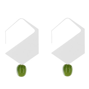 Boucles d'Oreilles Crochet Plat Métal Argenté Hexagone et Perles Céramique