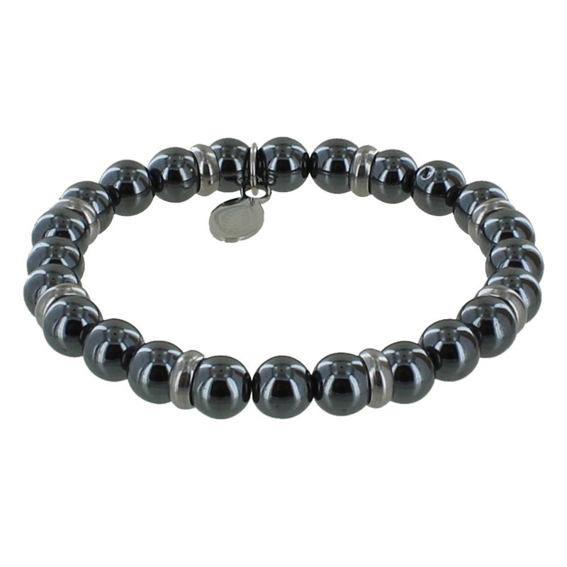 Bracelet Elastique Anneau Acier et Perles Hématite