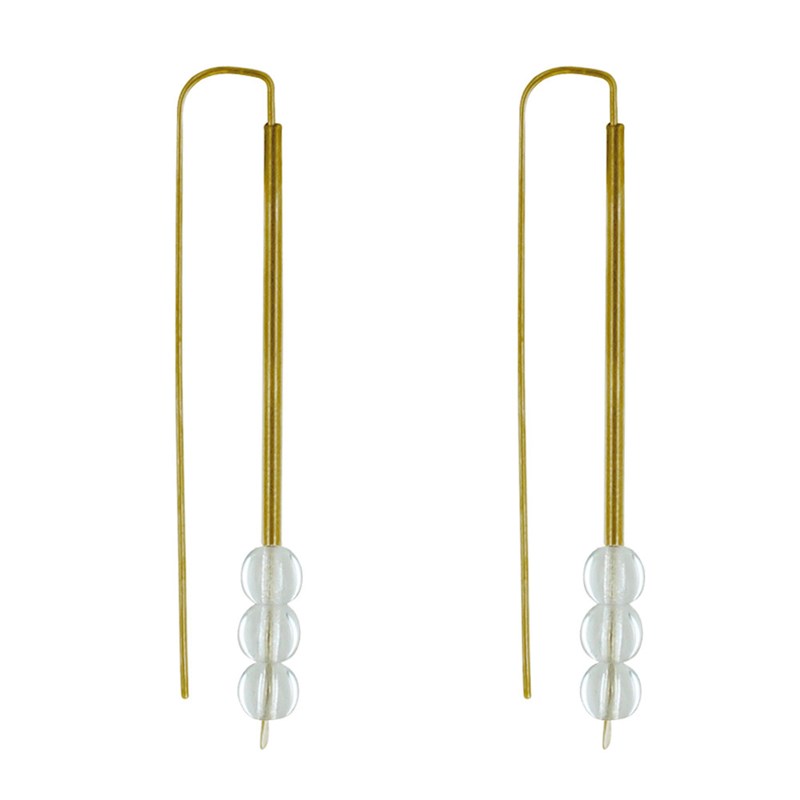 Boucles d'Oreilles Laiton Crochet Tubulaire et Trois Perles de Verre - vue 3