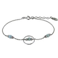 Bracelet Argent 925 Rhodié Anneau Ciselé Trois Petites Perles de Larimar Facettées et Anneaux Zébrés