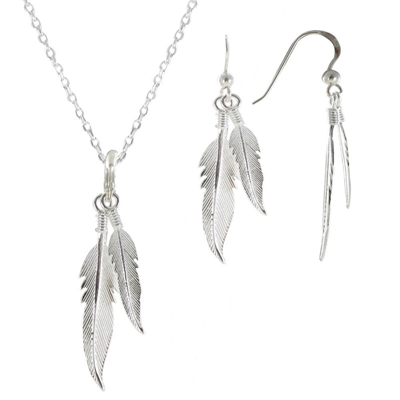 Parure Plumes Argent Collier et Boucles d'Oreilles - taille 40 cm