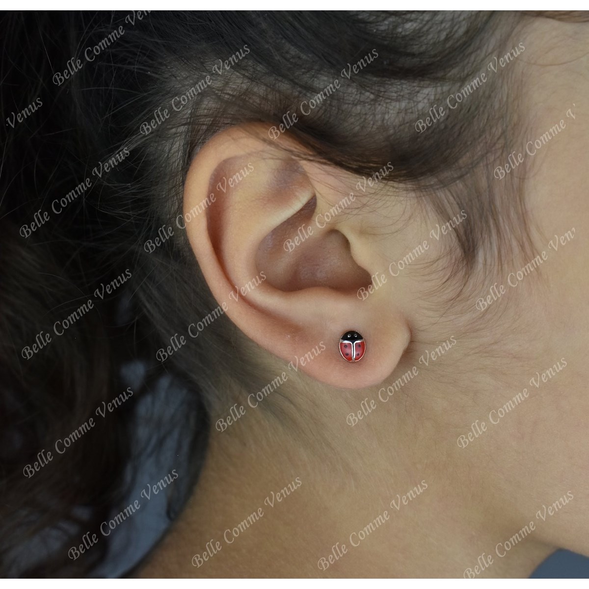 Boucles d'oreilles coccinelle émail rouge et noir Argent 925 Rhodié - vue 2
