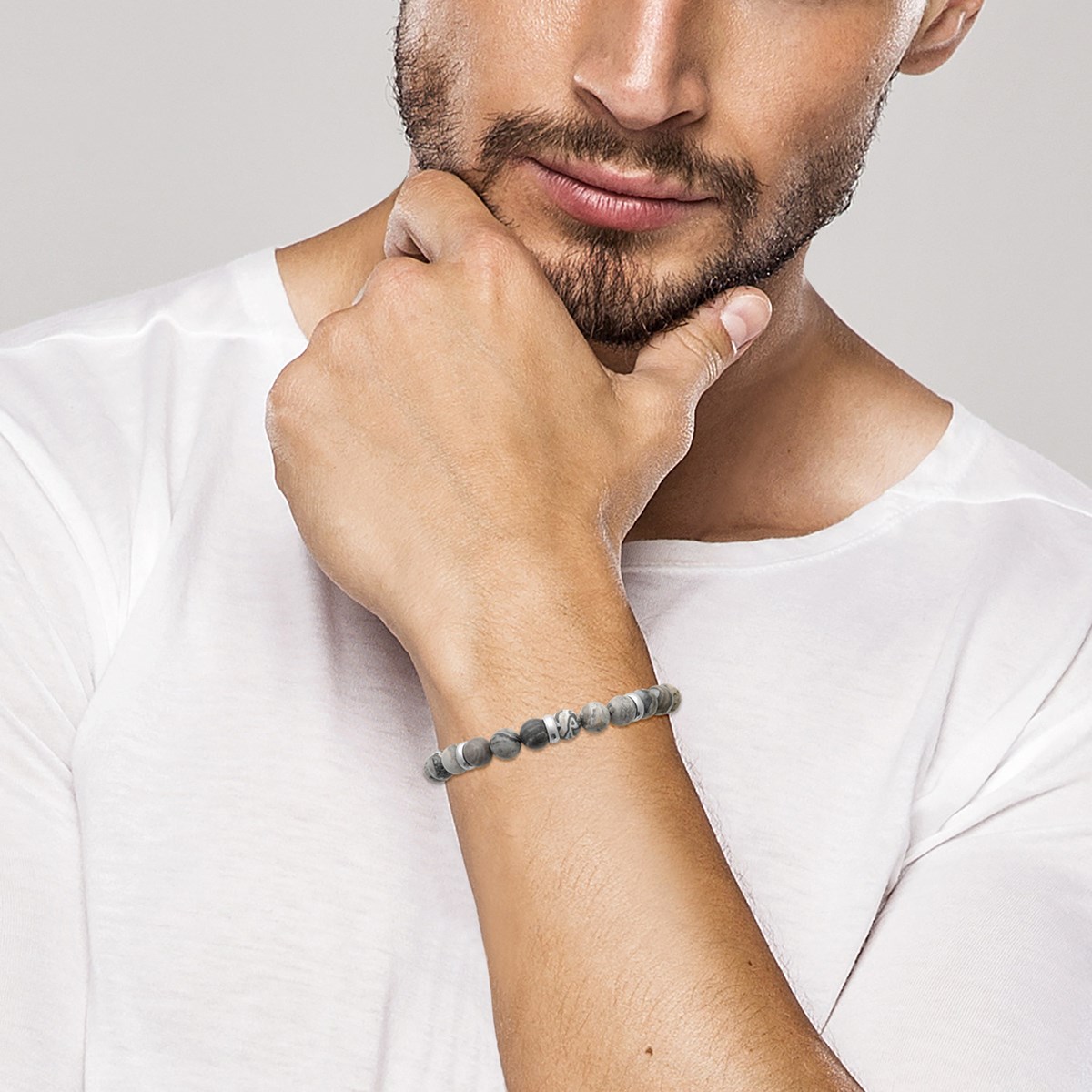 Bracelet homme Brillaxis perles de Jaspe Gris - vue 2