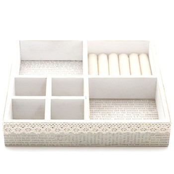7-compartment jewelry tray in wood and natural fabric