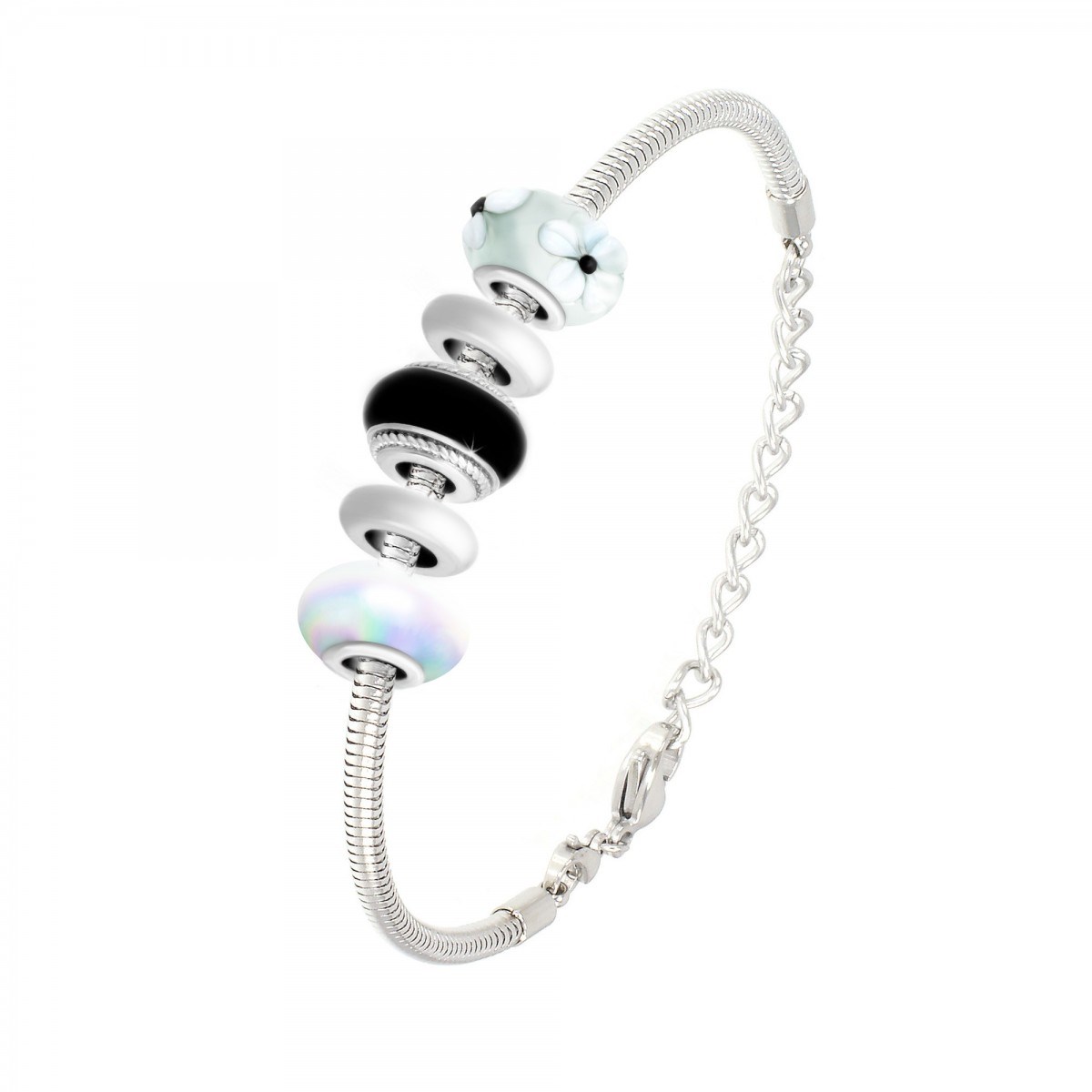 Bracelet de charms perles noirs et blancs et acier SC Crystal