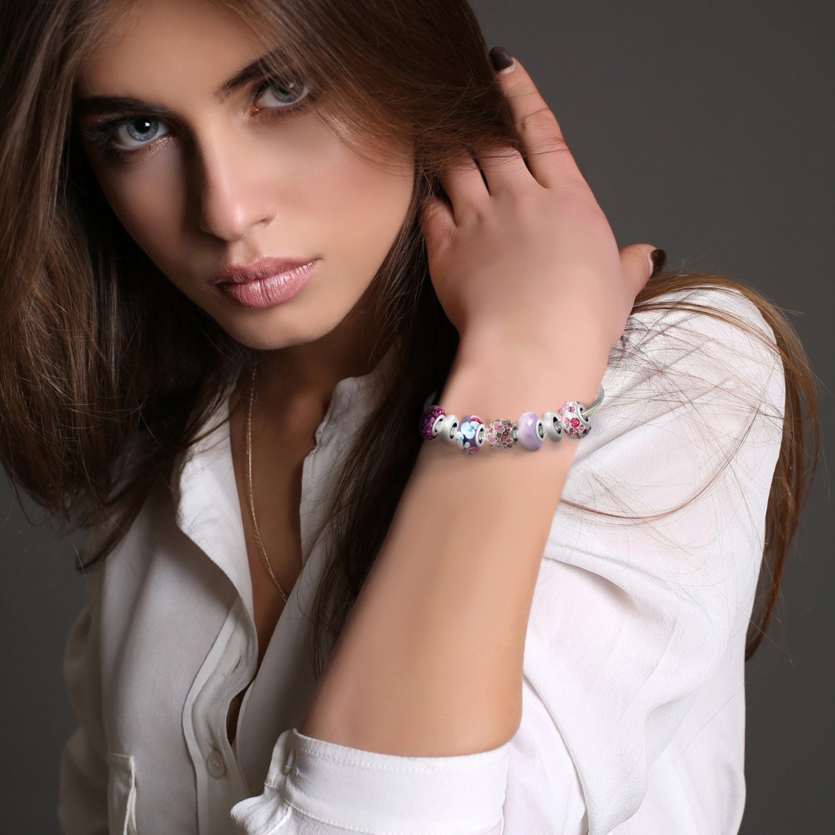 Bracelet de charms perles roses et acier SC Crystal - vue 2
