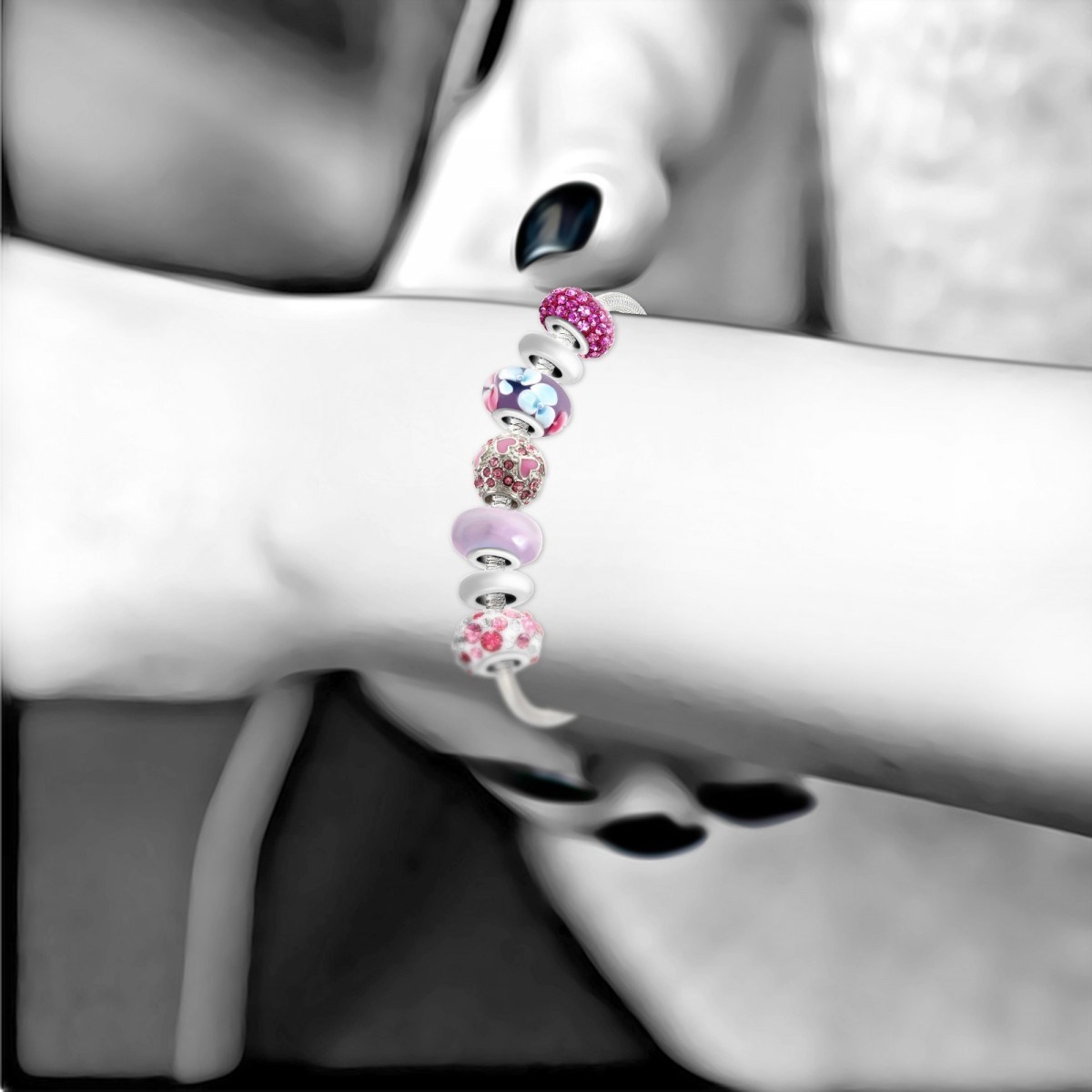 Bracelet de charms perles roses et acier SC Crystal - vue 3