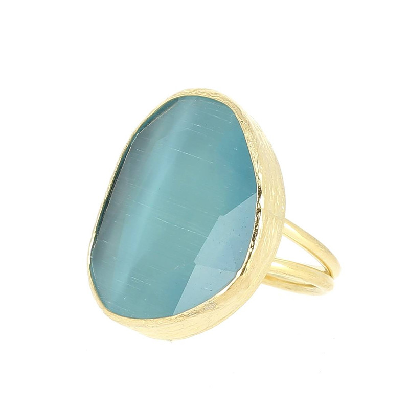 Bague Plaque Or 22 K Pierre Oeil De Chat Bleu Lagon Ho Femme Bague Maty