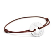 Bracelet cordon médaille ronde ajourée argent 925 gravure BE HAPPY
