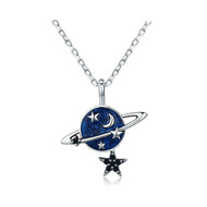 Collier Pendentif Planete et Etoiles en Argent 925 et émail bleu