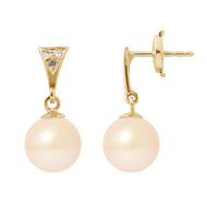 Boucles d'Oreilles Femme Perles de Culture Roses, Diamants et Or Jaune 750/1000