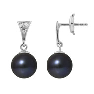 Boucles d'Oreilles Perles de Culture Noires, Diamants et Or Blanc 750/1000