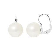 Boucles d'Oreilles Perles de Culture Blanches 9mm et or Blanc 750/1000