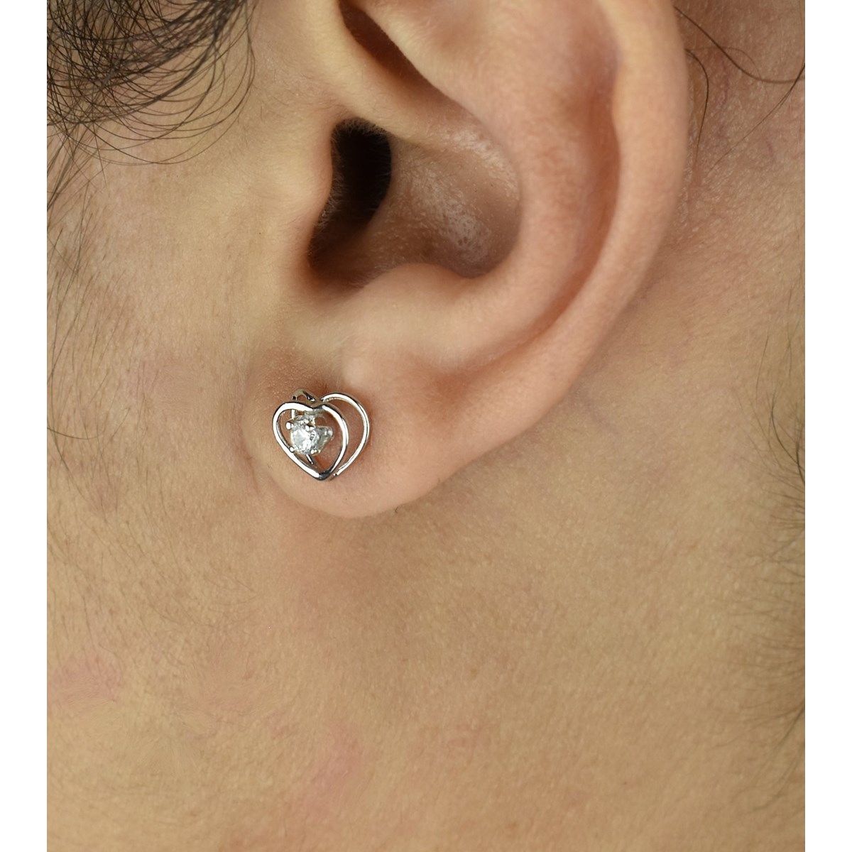 Boucles d'oreilles puce coeur oxyde de zirconium Argent 925 Rhodié - vue 2