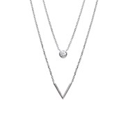 Collier 2 rangs forme V et oxyde de zirconium rond Argent 925 Rhodié