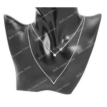 Collier 2 rangs forme V et oxyde de zirconium rond Argent 925 Rhodié