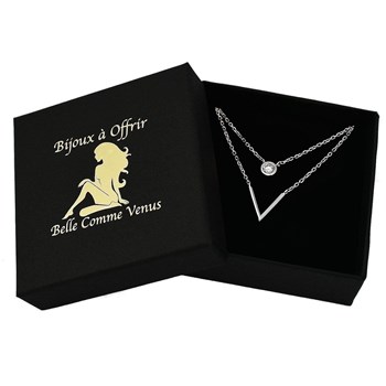 Collier 2 rangs forme V et oxyde de zirconium rond Argent 925 Rhodié