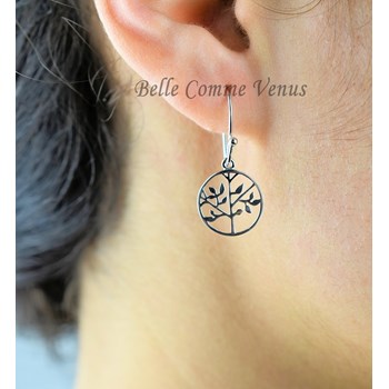 Earrings tree of life in a circle 925 Rhodium Silver