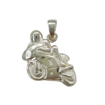 Pendentif moto sportive avec motard - Argent massif