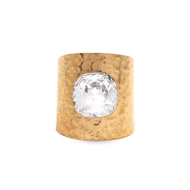 Bague ajustable martelée en acier dorée ornée de cristaux Swarovski avec pierre Crystal