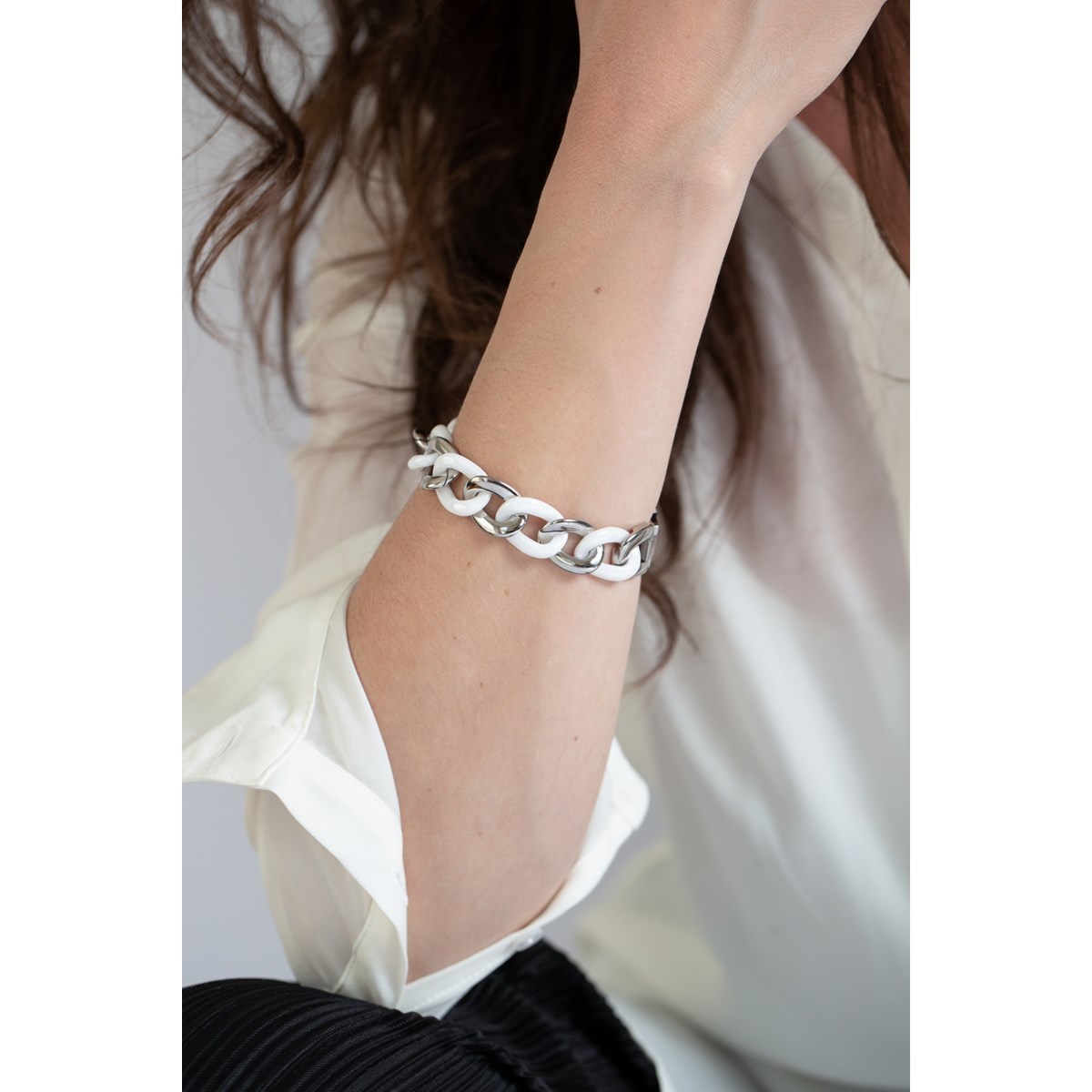 Bracelet souple multi-motifs en Acier 316L et céramique - blanc brillant - vue 2