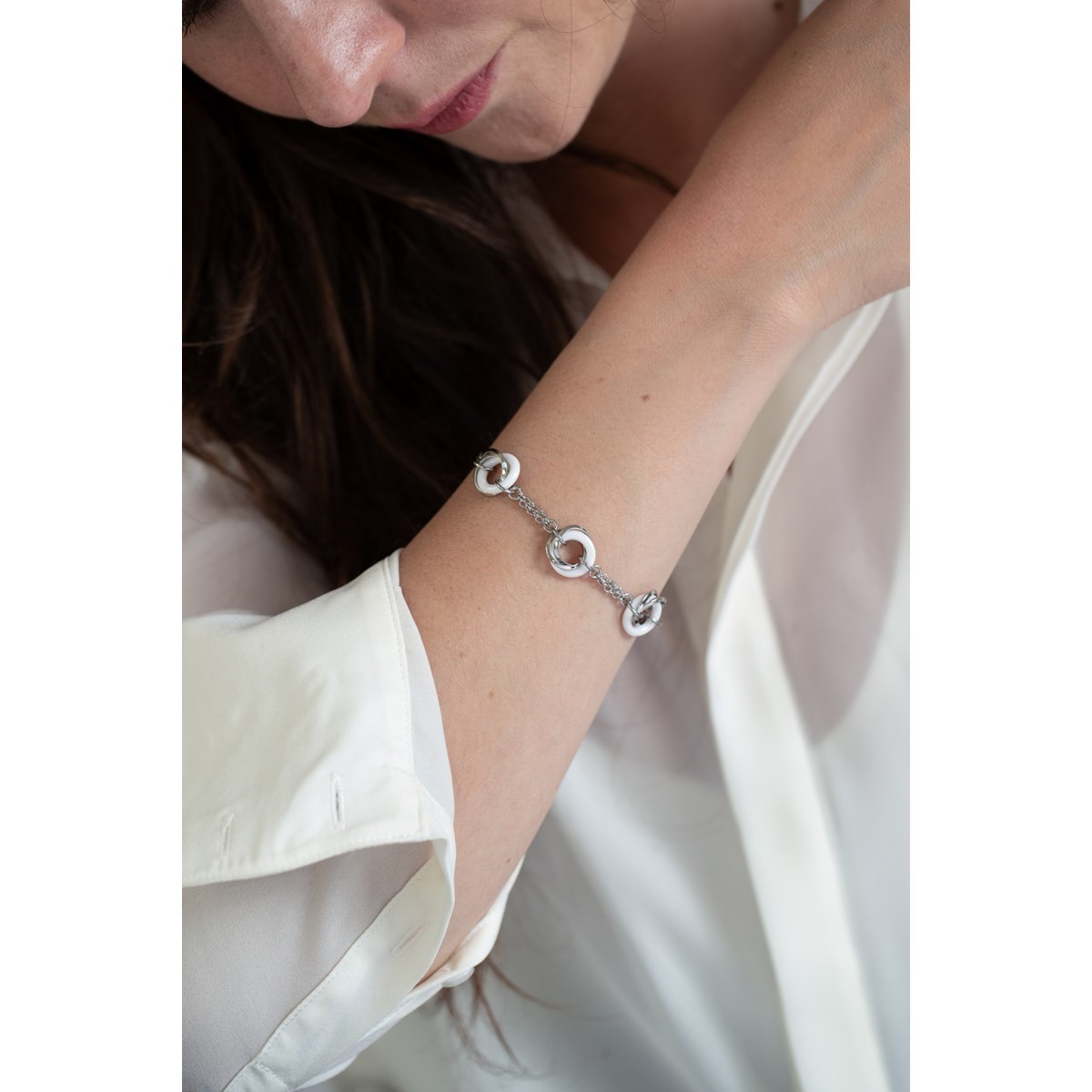 Bracelet souple mono-motif en Acier 316L et céramique - blanc brillant - vue 2