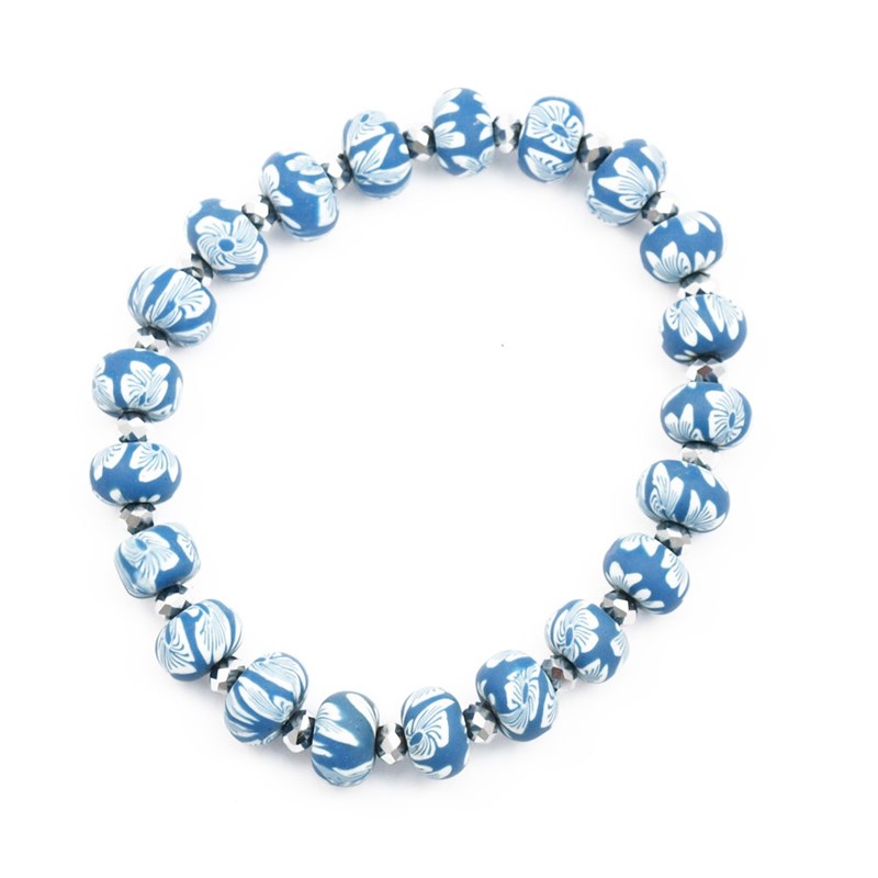 Bracelet élastique perles fleurs bleues et perle cristal