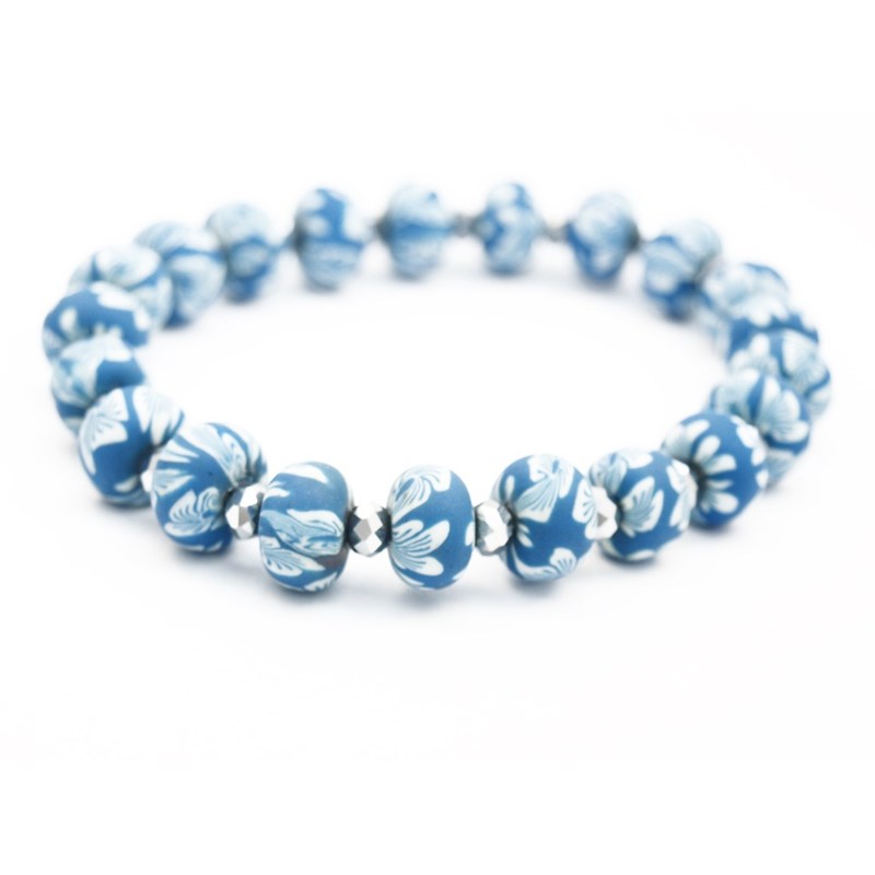 Bracelet élastique perles fleurs bleues et perle cristal - vue 2