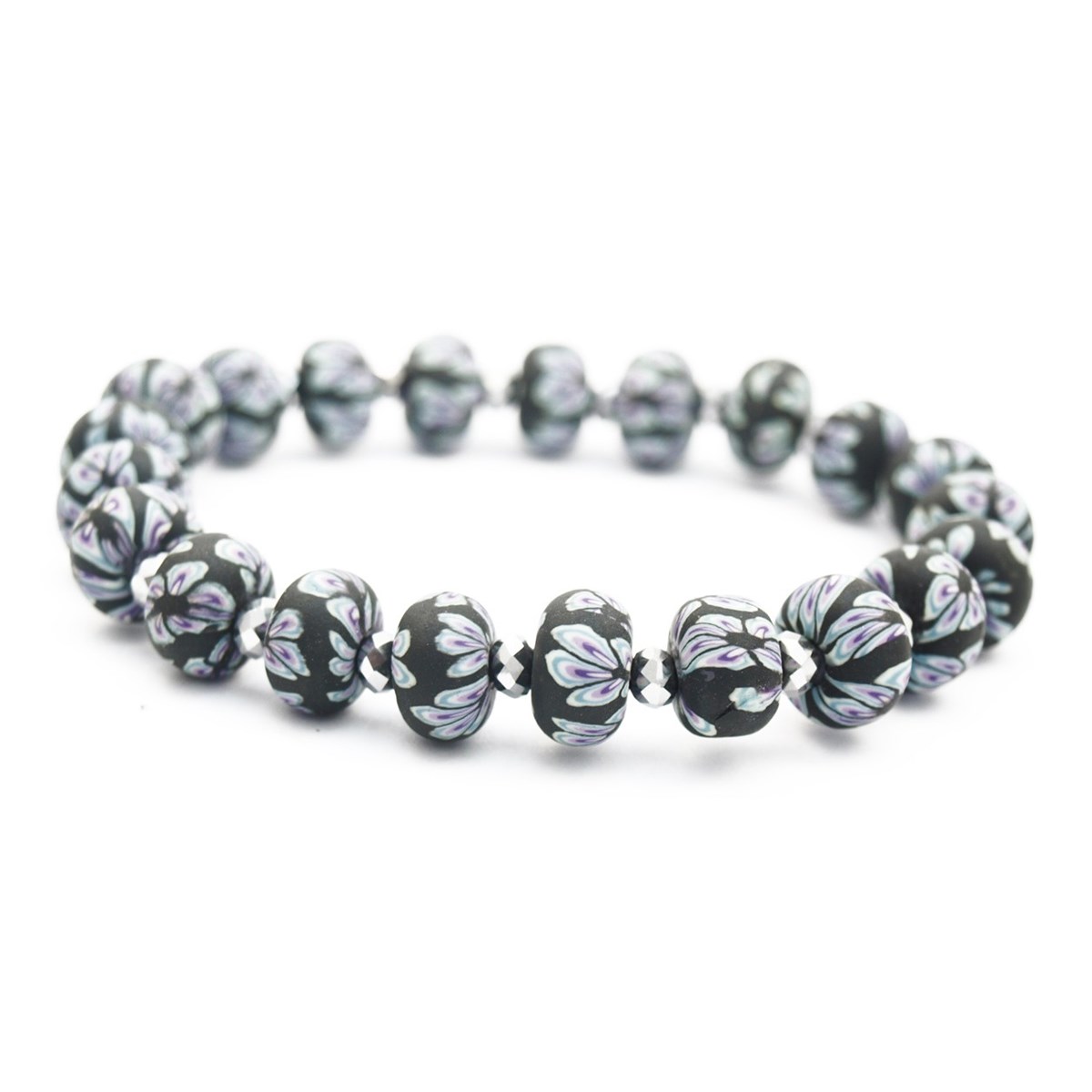 Bracelet élastique perles fleurs noires et perle cristal - vue 2