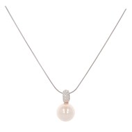 Collier ARG.925 rhodié perle d'imitation diamètre 16mm bélière sertie d'oxyde zirconiums  , chaine maille serpentine avec rallonge