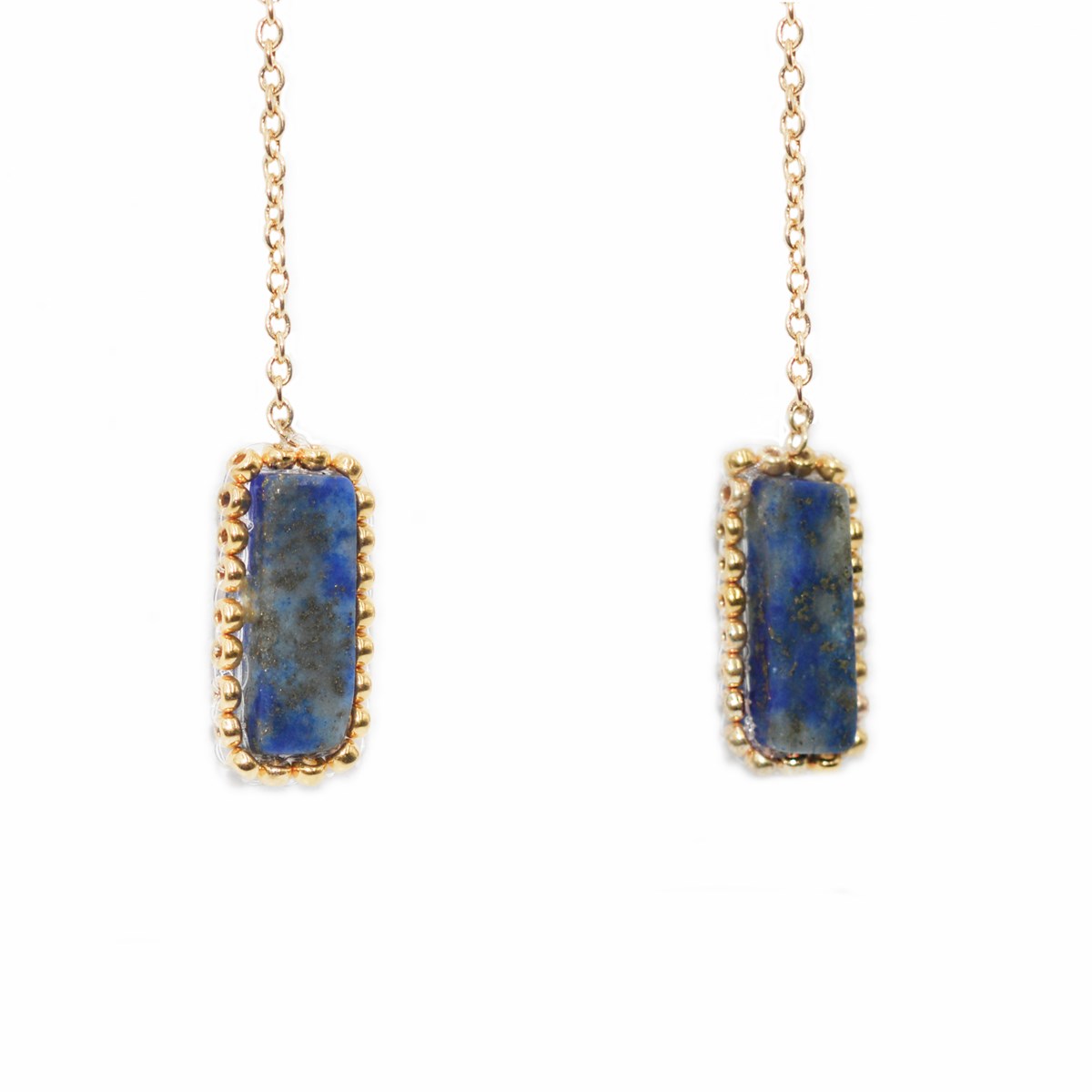 Boucles d'oreilles pendante perles tissées mains Lapis-lazuli -Doré à l'or fin - vue 2